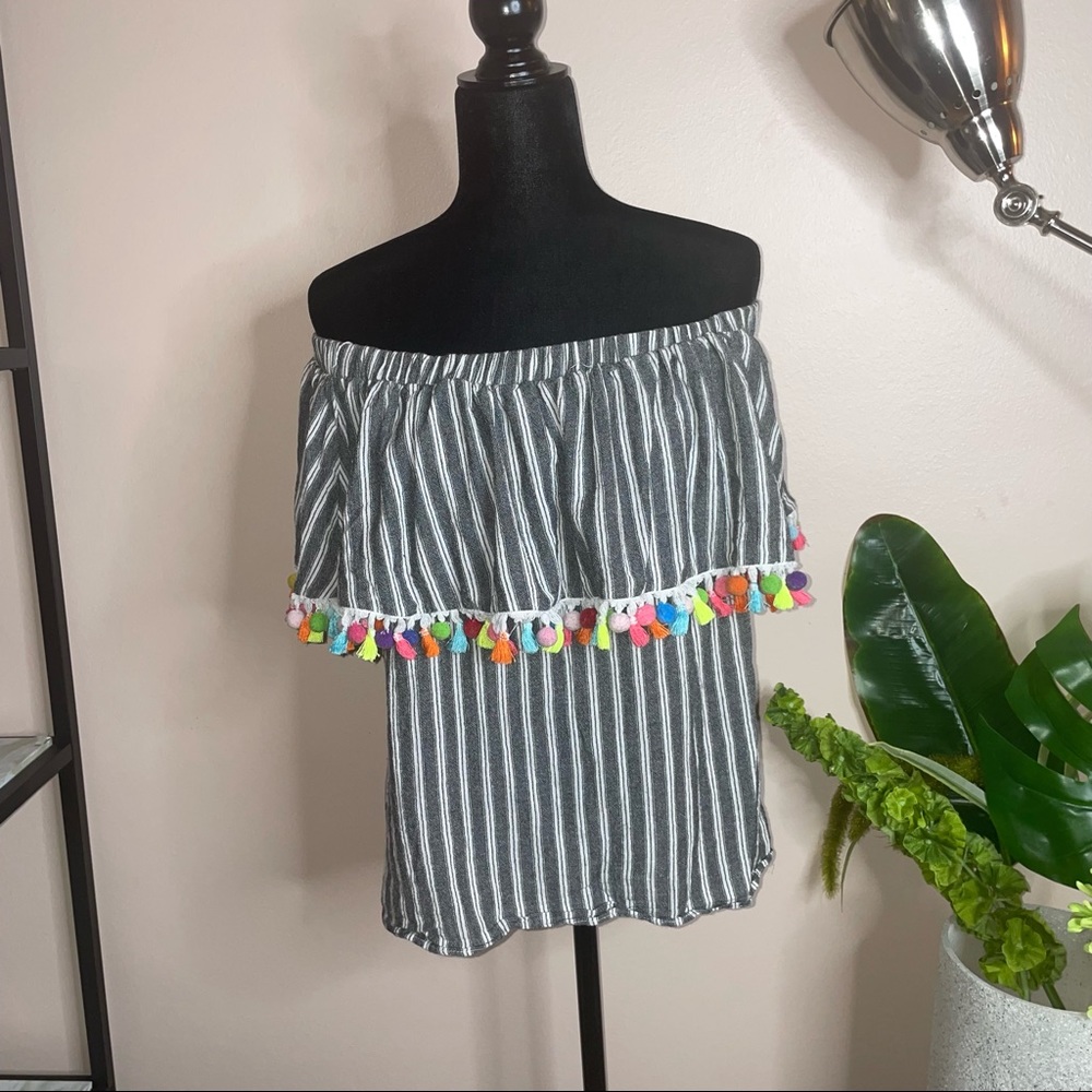 Women's Off The Shoulder Pom Pom Elasticized Striped Multi Sleeveless Blouse
